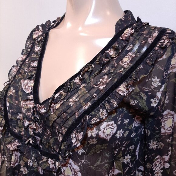 Zara Sheer Floral Blouse Womens Size Medium Black Long Sleeve Boho Peasant Top - Picture 9 of 16